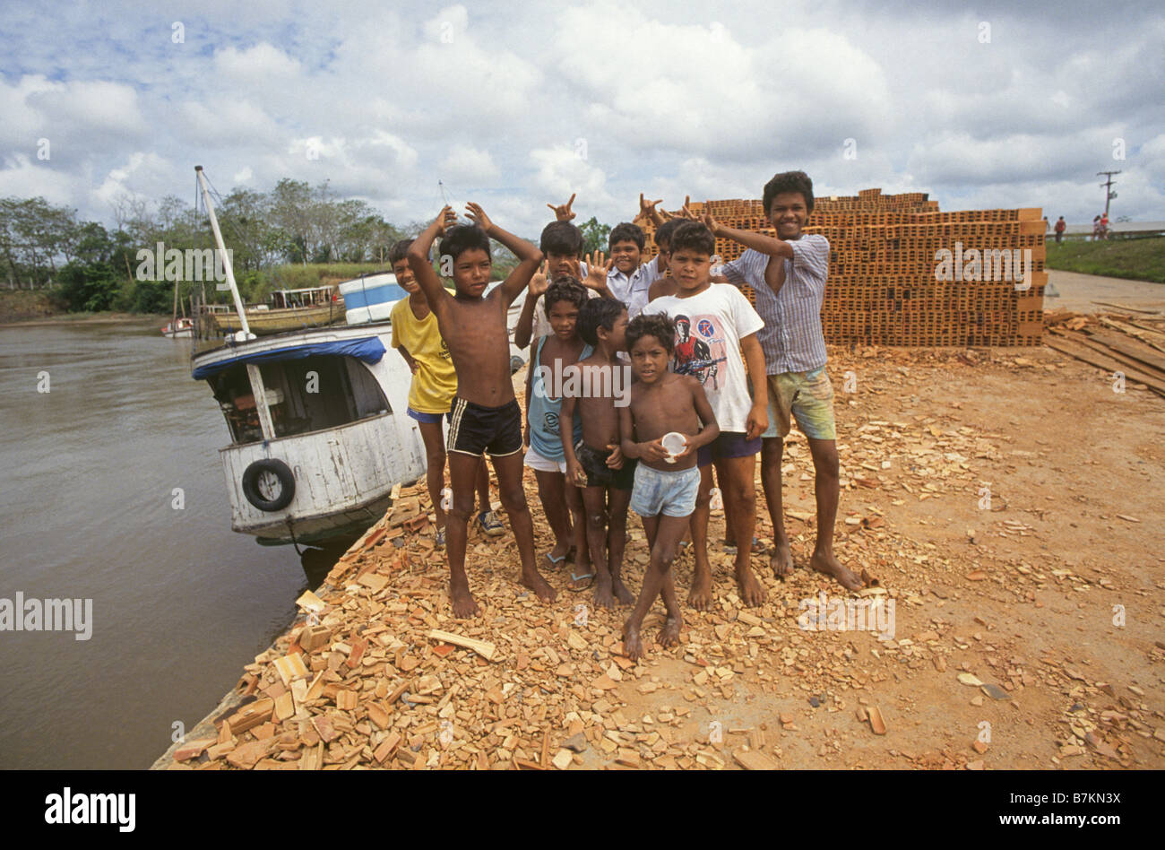 A group of Brazilian boys on a dock near Belem Brazil on the Amazon