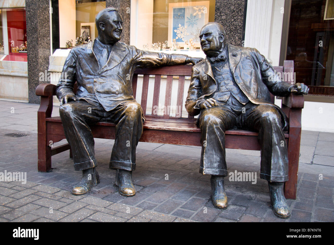 Bronze Statue Of Sir Winston Churchill And Franklin D Roosevelt Having A Chat Old Bond And New Bond Street London Jan 09 Stock Photo Alamy