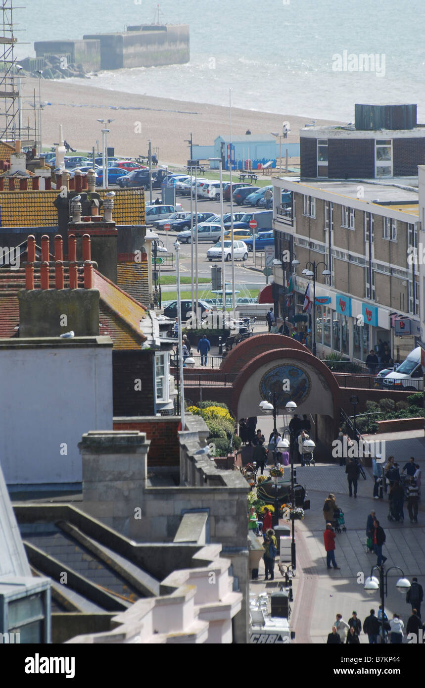 Hastings Town Centre aerial view pedestrian shopping street beach & sea