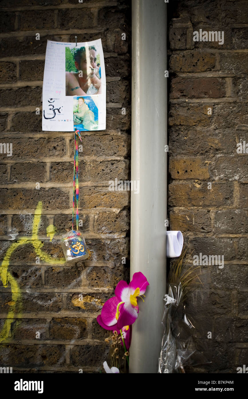 flowers memorial portrait street, death on the streets, Stock Photo