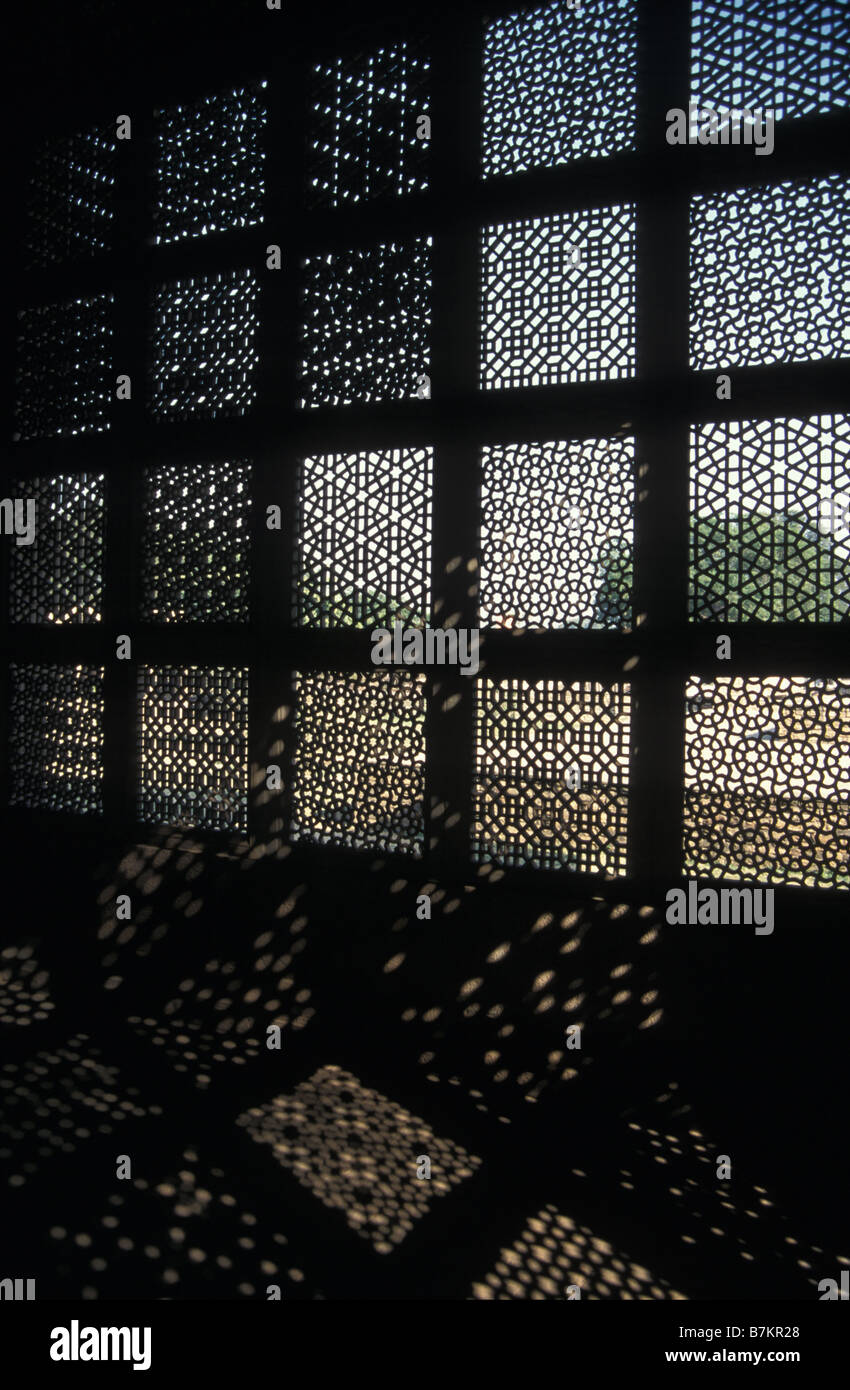 carved stone lattice screen in Muslim tomb Gwalior Madhya Pradesh India Stock Photo