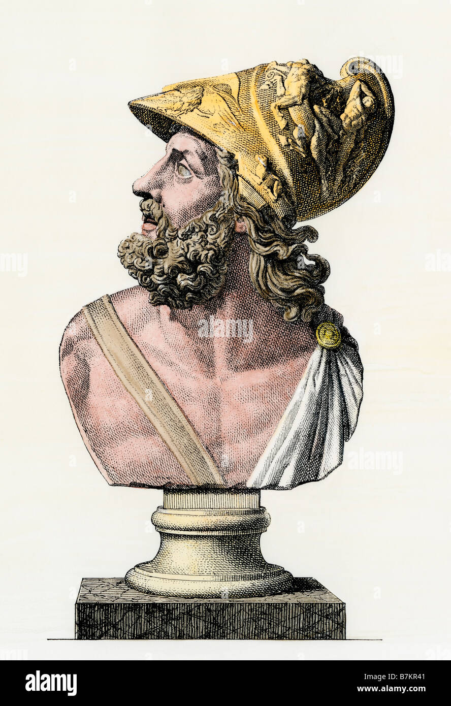 Bust of Menelaus, husband of Helen and king of ancient Sparta. Hand-colored woodcut Stock Photo