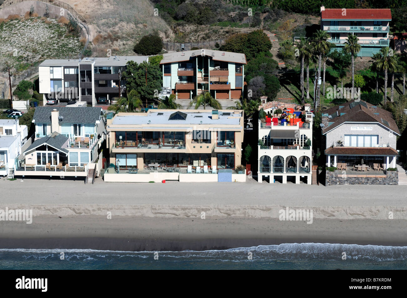 aerial view of malibu beach and waterfront homes and buildings los angeles LA california Stock Photo