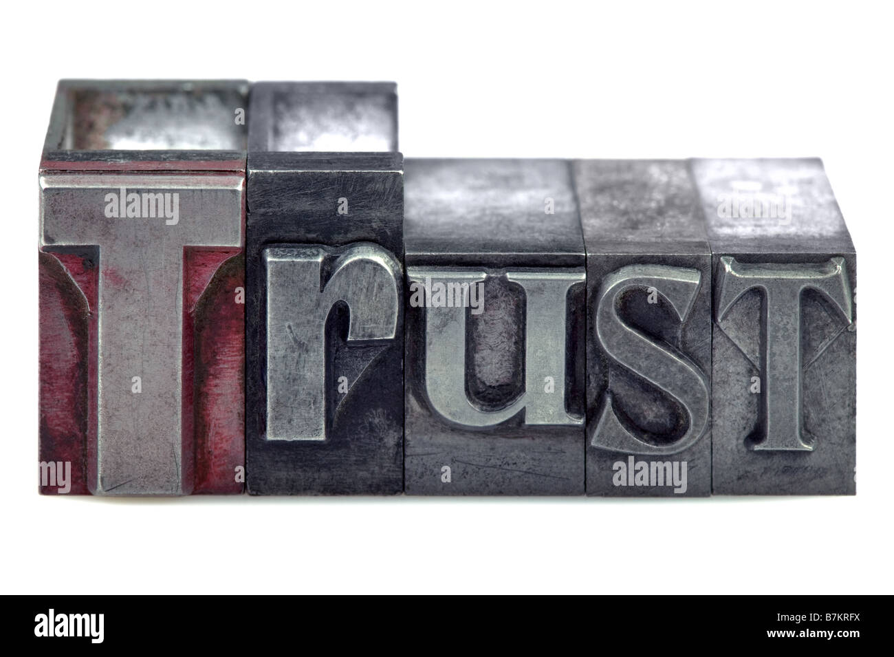 The word Trust in old letterpress printing blocks isolated on a white background Stock Photo