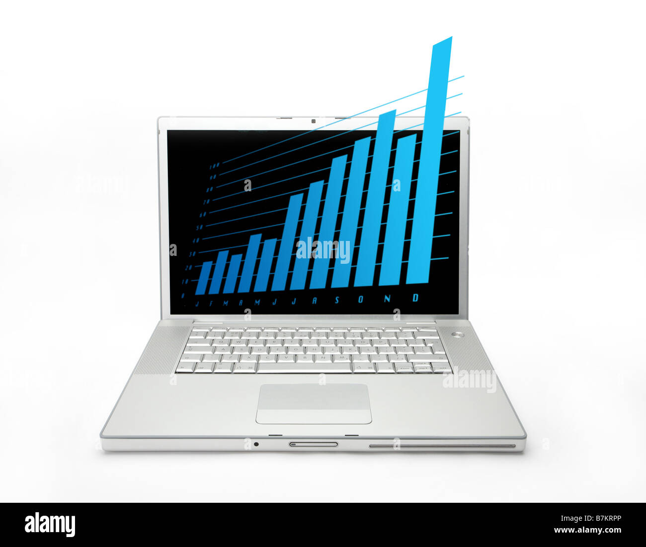 Laptop computer with 3D sales graph showing increasing sales Stock Photo