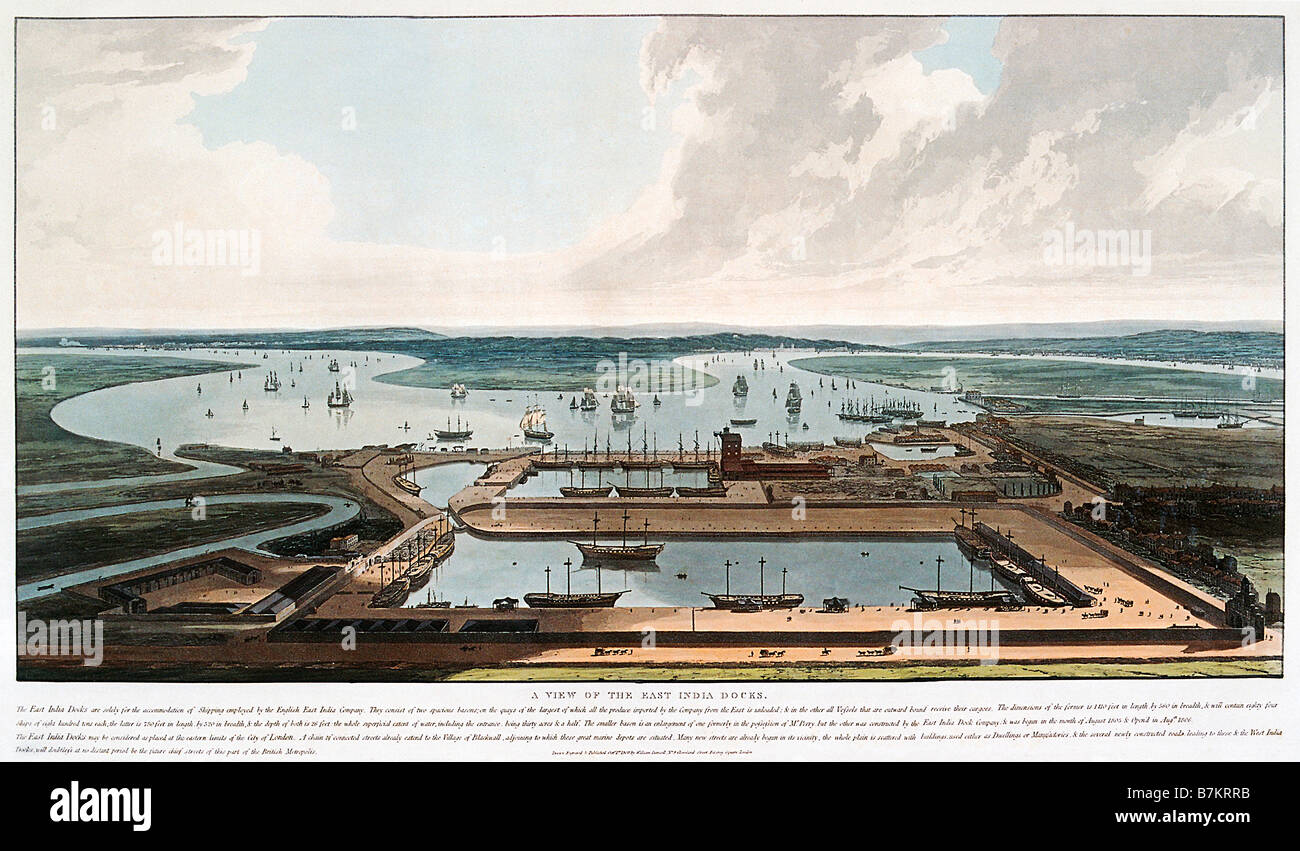 East India Docks 1808 watercolour of the London Docks built by and for the East India Company and opened in 1806 Stock Photo