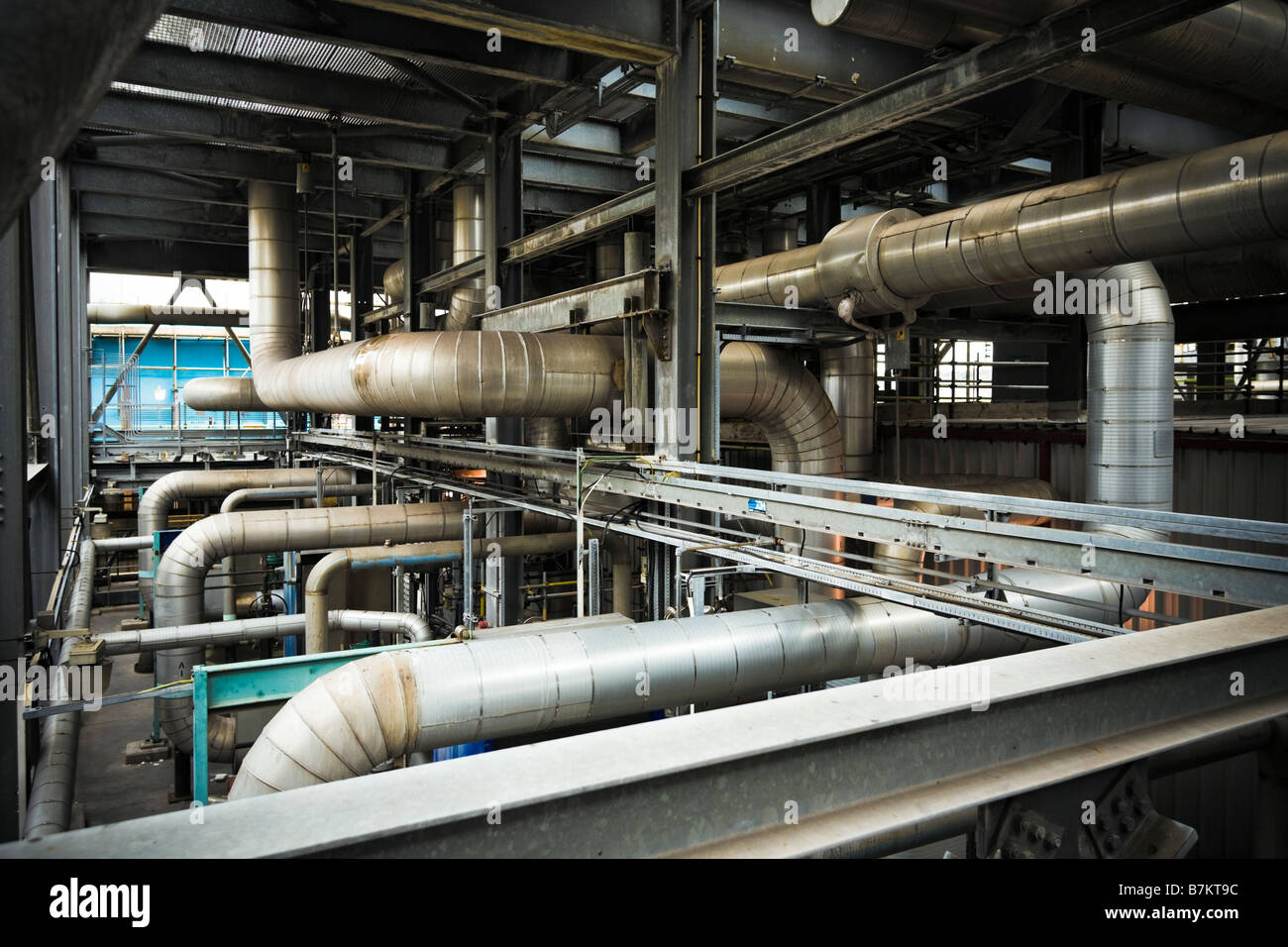 Maze of pipes inside a modern gas fired power station Teesside UK Stock Photo