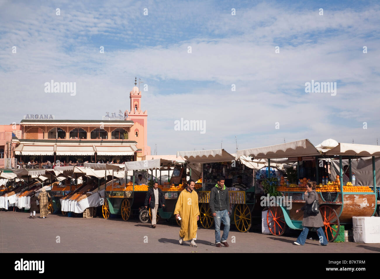 Marrakech Morocco North Africa Fruit stalls in Place Djemma el Fna square in the Medina Stock Photo