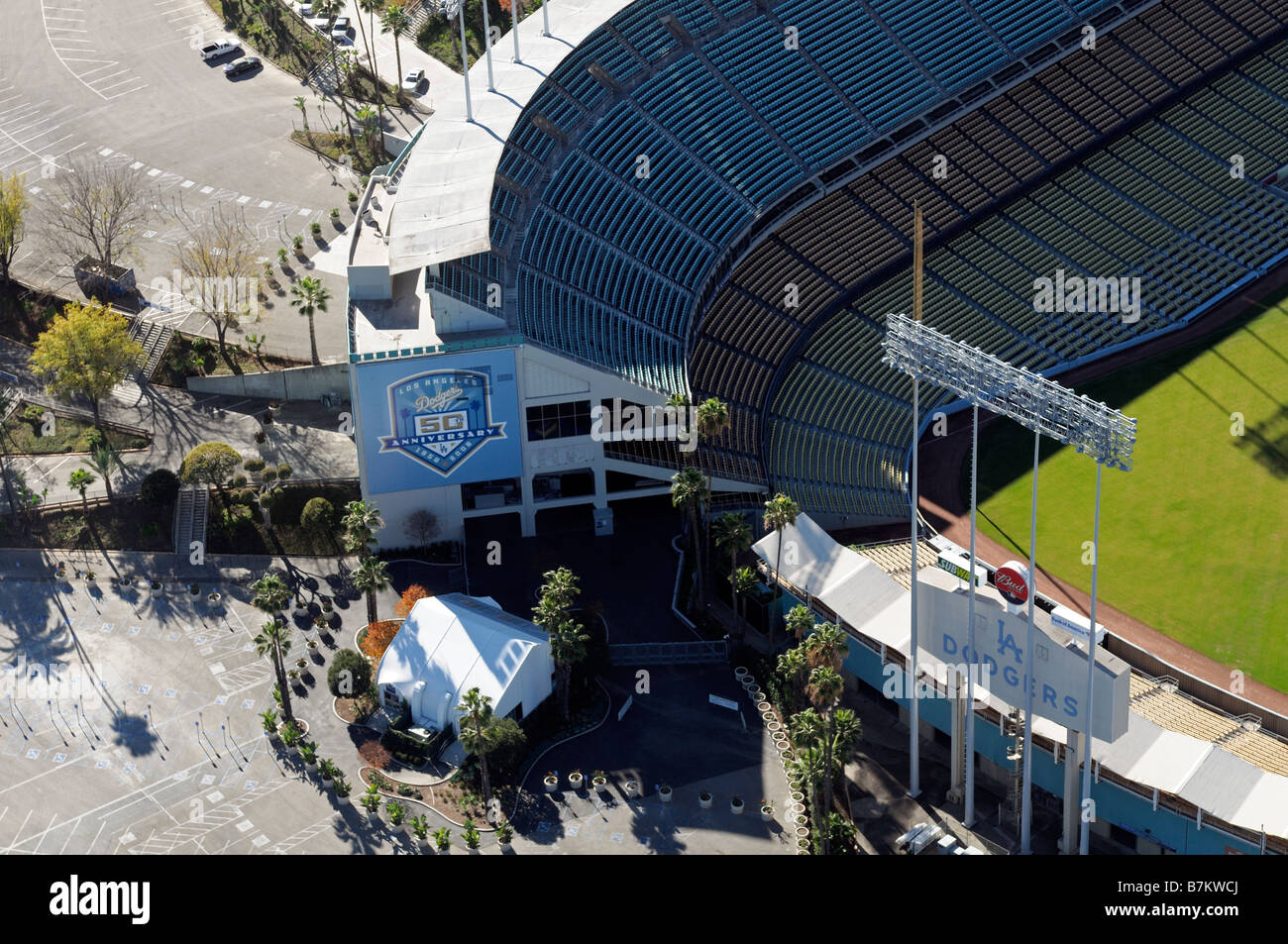 Aerial overhead view of the LA L.A. Los angeles dodgers baseball stadium high height pitch ground playing field Stock Photo