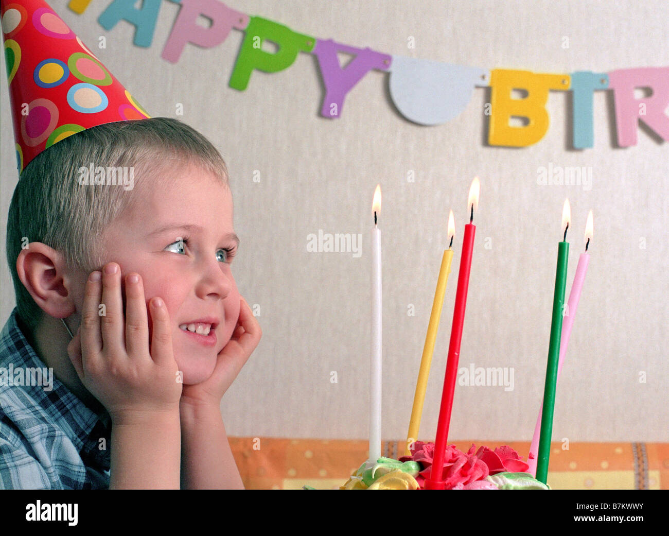 smiling boy look on birthday candles Stock Photo Alamy