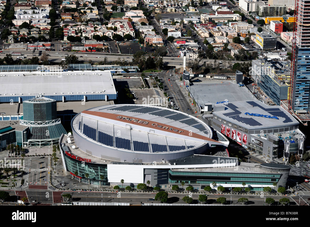 staples centre center aerial view overhead los angeles lakers clippers kings sports arena stadium attraction fans nba nhl home Stock Photo