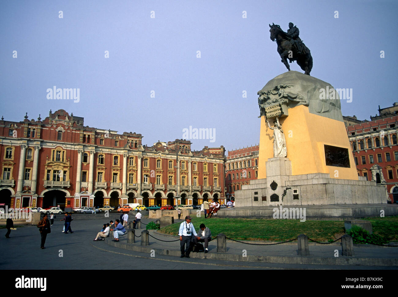 Peruvians, Peruvian people, bronze equestrian statue, General San Martin, Plaza San Martin, Lima, Lima Province, Peru, South America Stock Photo