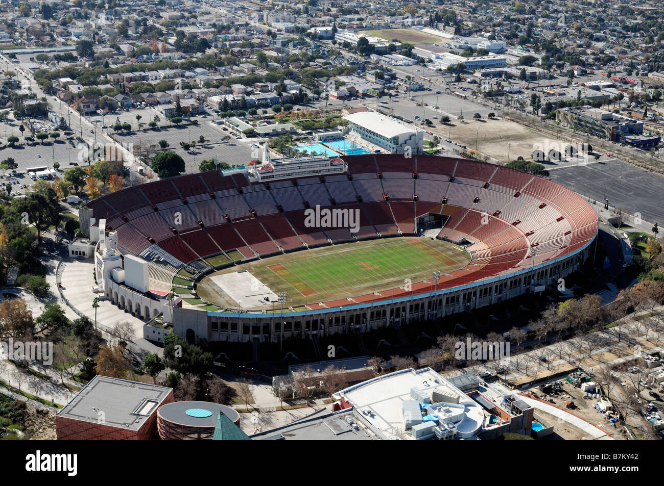 USC Trojans Football stadium The Coliseum Los Angeles California aerial view from a helicopter ride Stock Photo