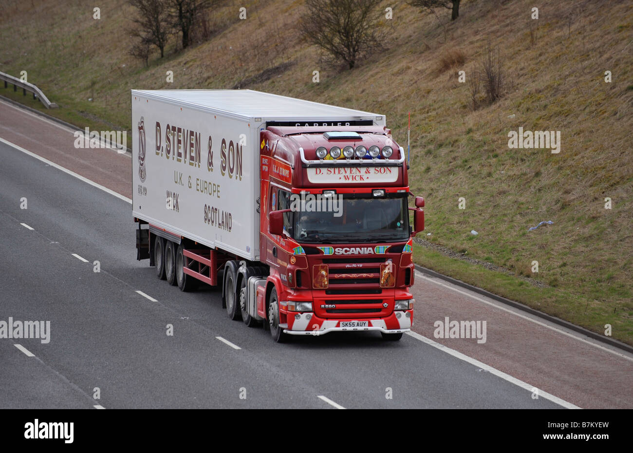 Three axle Scania Topline truck with refrigerated tri axle trailer D Steven and son Wick Scotland on Motorway Stock Photo