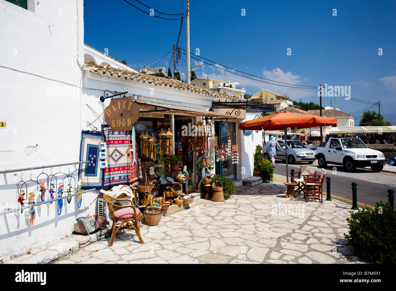 Tourist shop specialising in Olive Wood products in Kassiopi Corfu Stock Photo