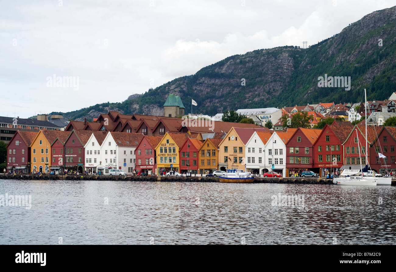 Bryggen, historic Hanseatic commercial buildings in Bergen, Norway, seen from across the bay of Vågen, Bergen, Norway Stock Photo
