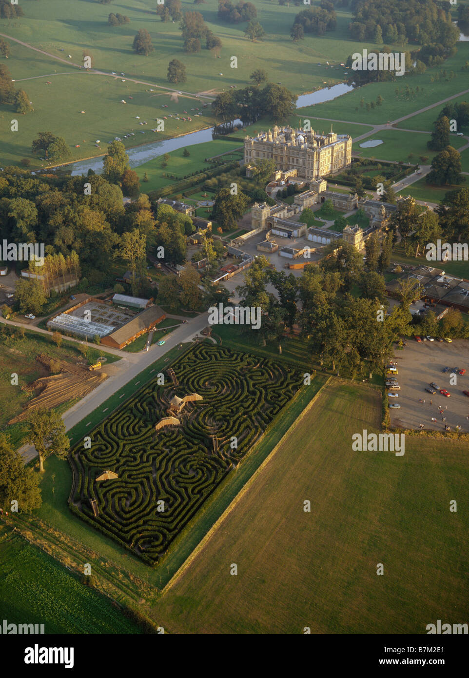 Longleat House Wiltshire built by Sir John Thynne completed 1580 Aerial view of Maze Stock Photo