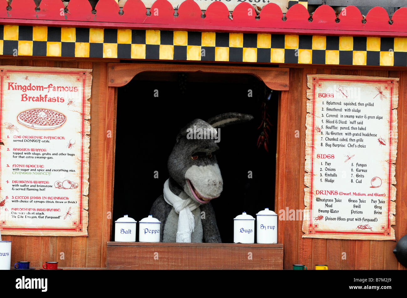universal studios LA los angeles hollywood california movie film set  amusement park theme donkey shrek actor hot dogs Stock Photo