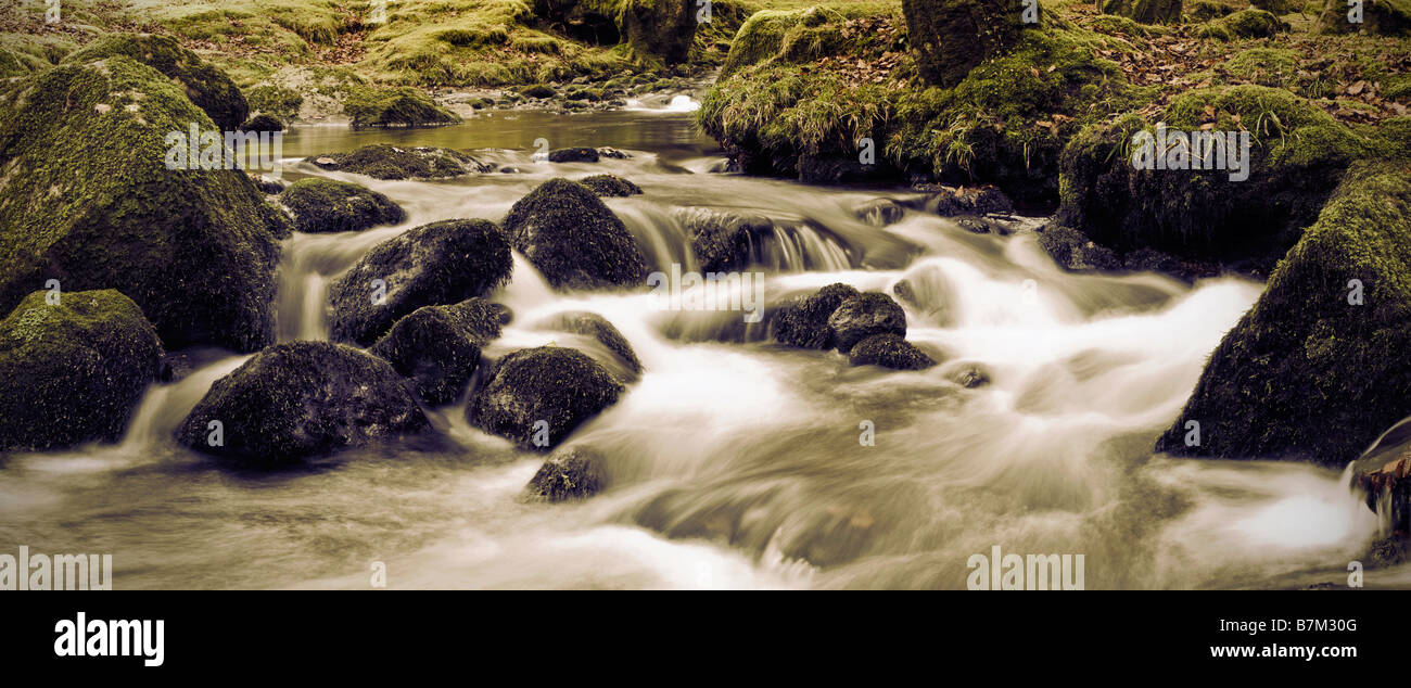 Water cascade near Burrator reservoir in Dartmoor UK -panoramic photography Stock Photo