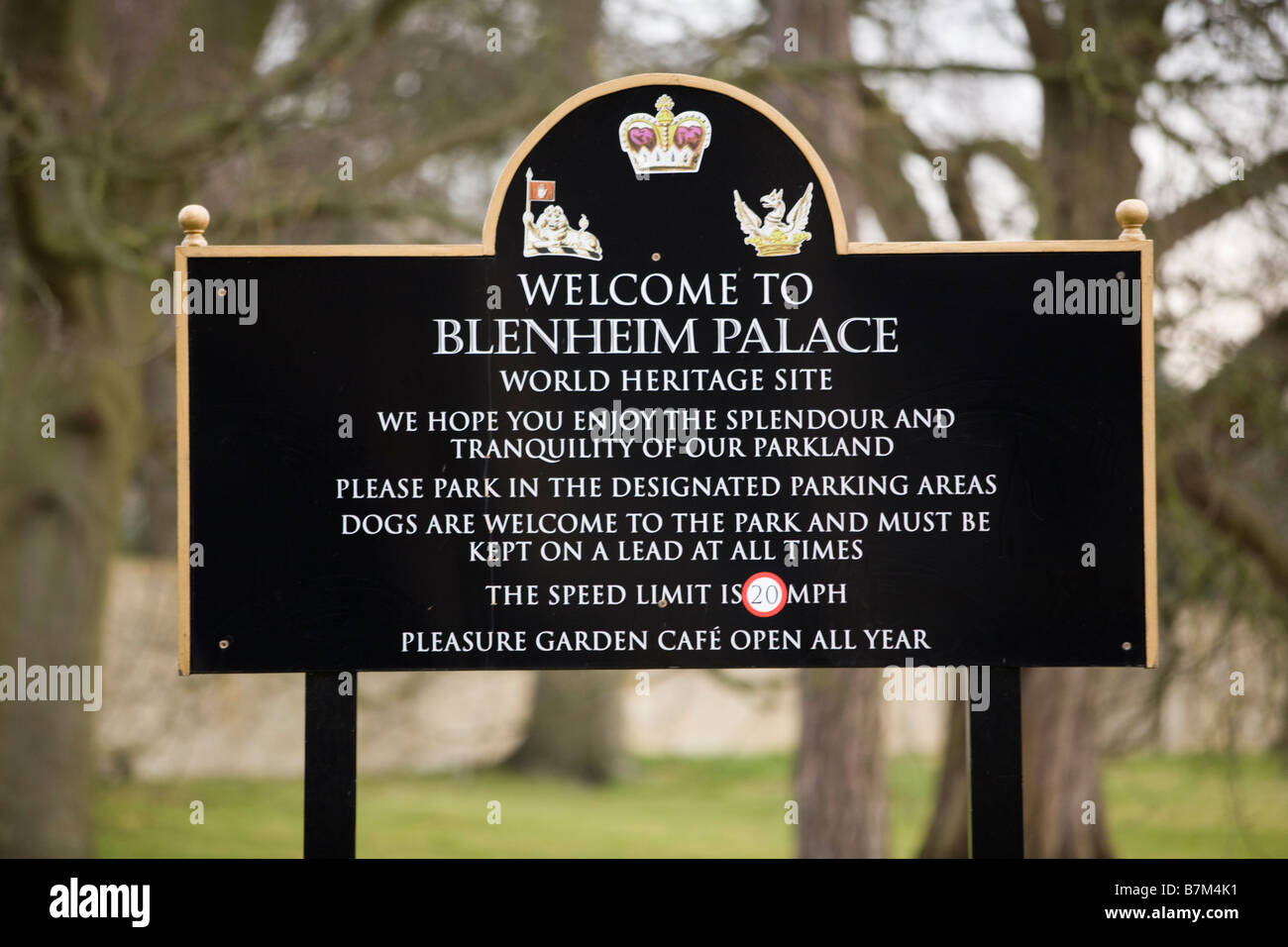 Sign in the gardens of Blenheim Palace, Oxfordshire, giving tourist