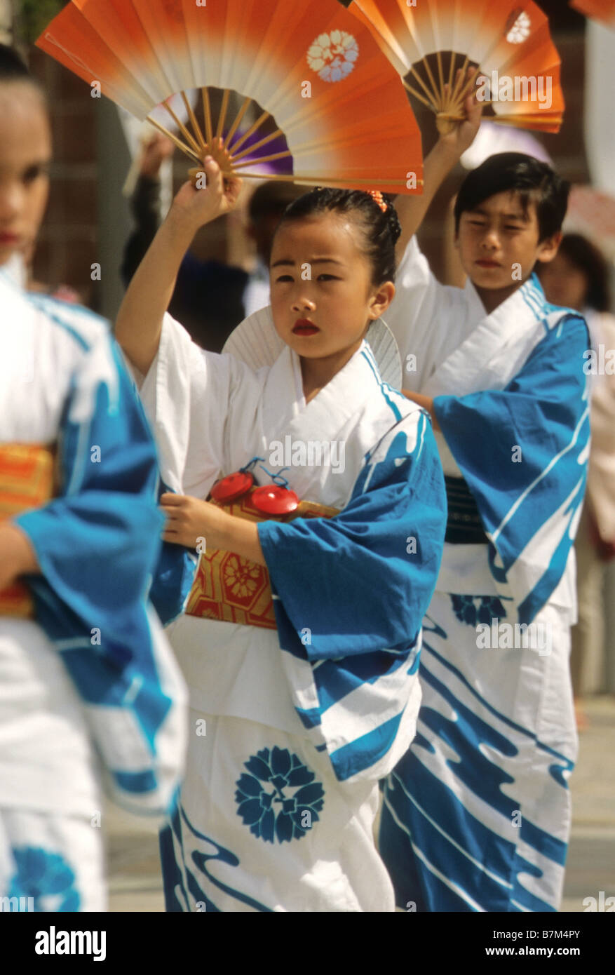 Young dancers dressed in traditional yukata kimonos perform at Japantown Summer Festival San Francisco California Stock Photo