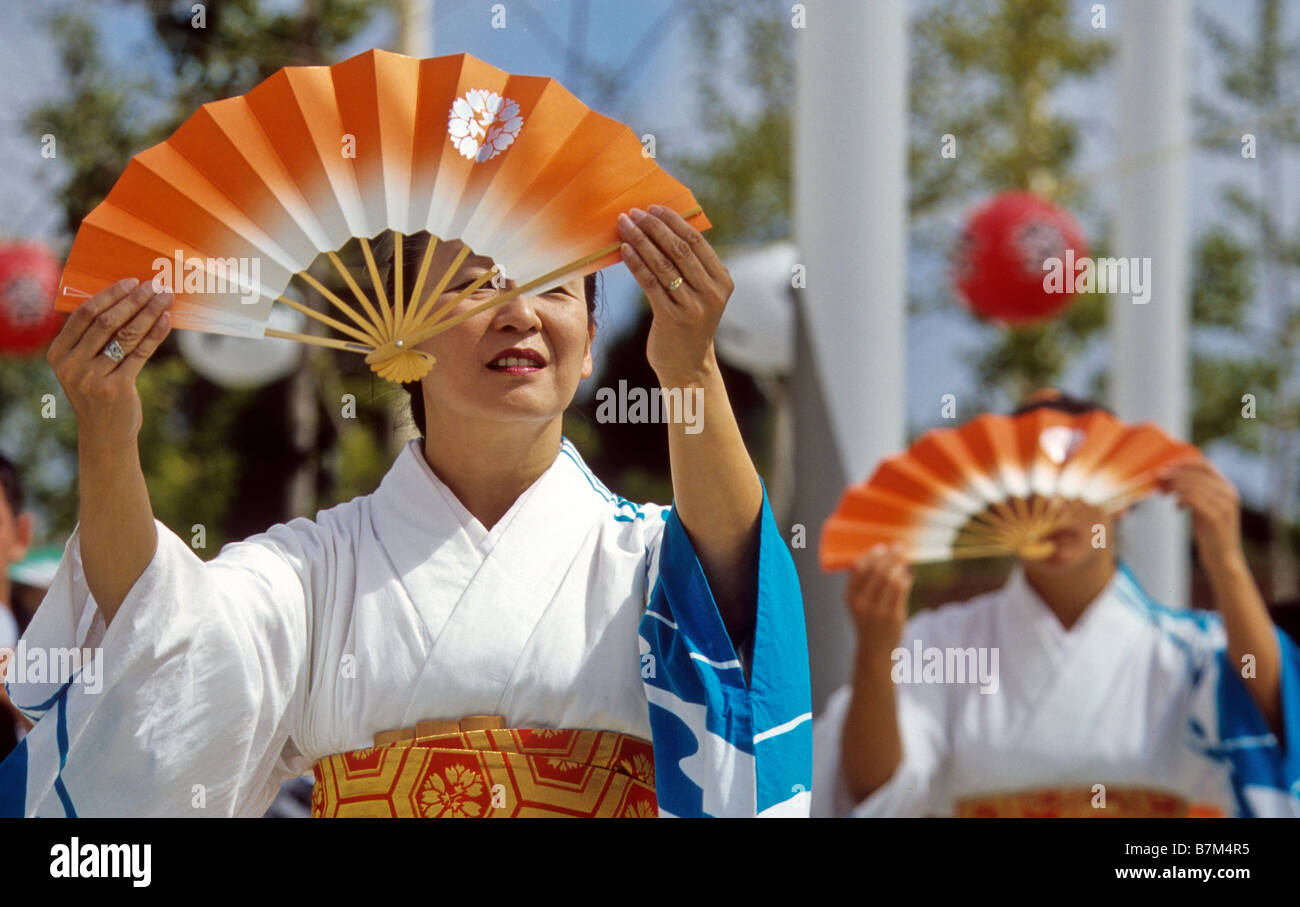 Dancers dressed in traditional yukata kimonos perform at Japantown Summer Festival San Francisco California Stock Photo