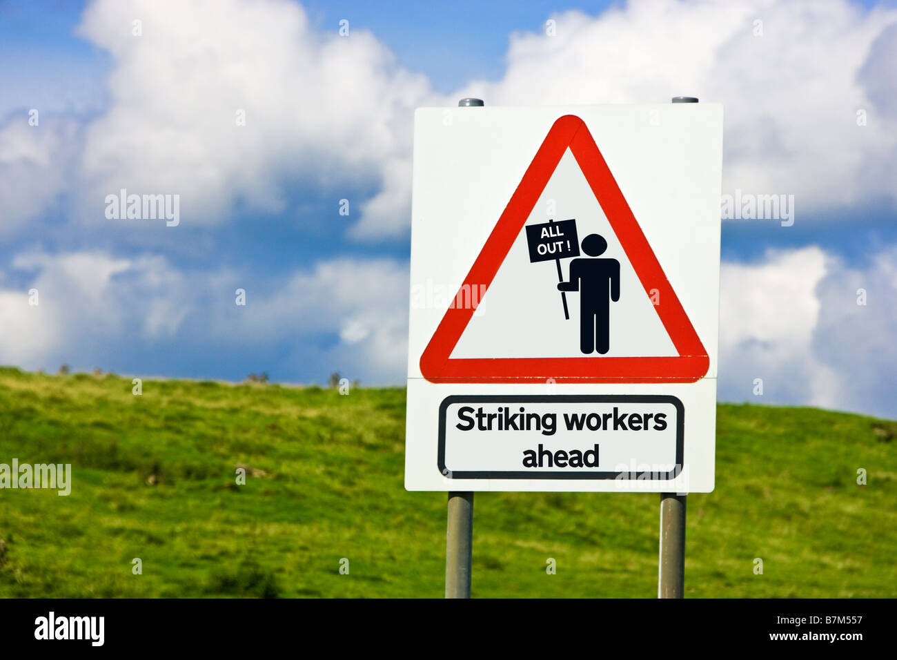 Industrial action and protests warning sign concept - Striking Workers Ahead, UK Stock Photo