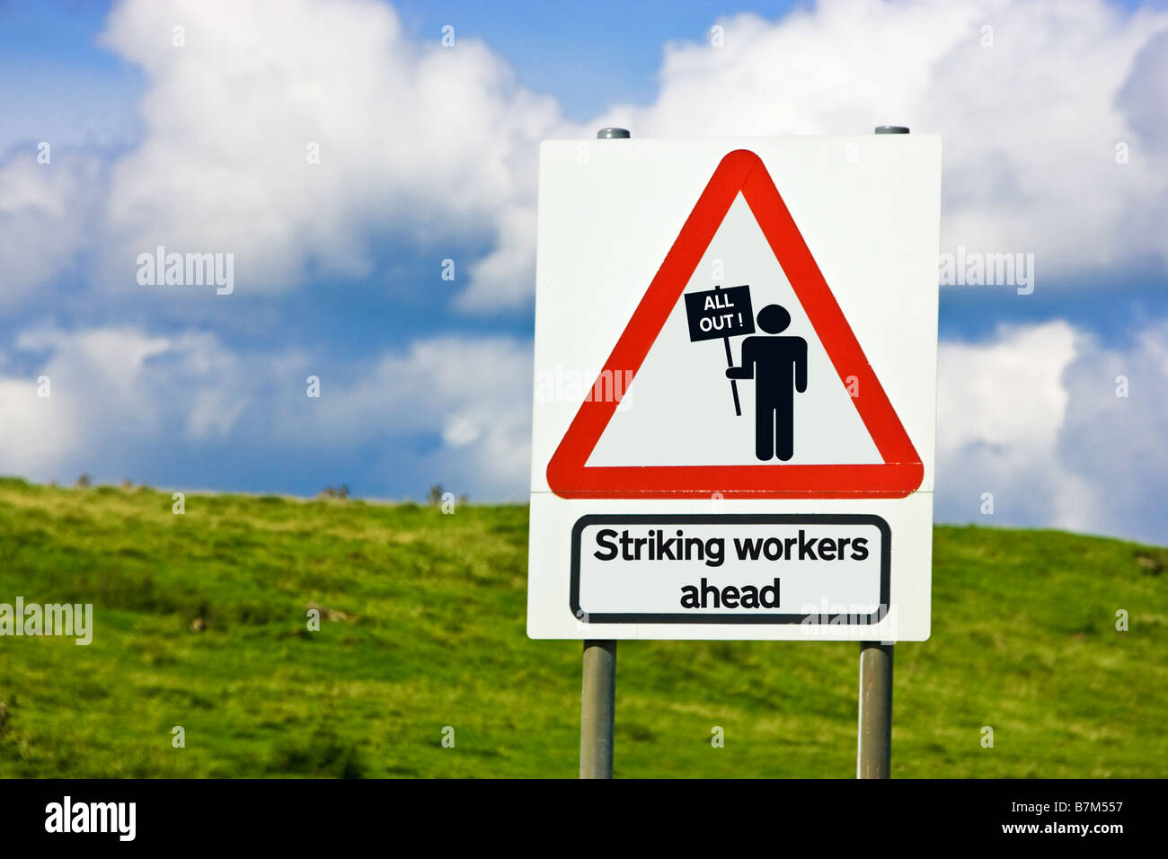 Industrial action, strikes and protests warning sign concept - Striking Workers Ahead, UK Stock Photo