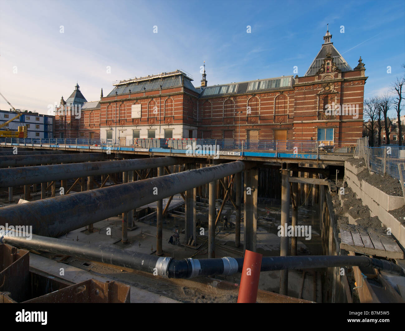 Amsterdam Stedelijk Museum construction site with 10 meter deep pit right next to the building for underground expansion Stock Photo