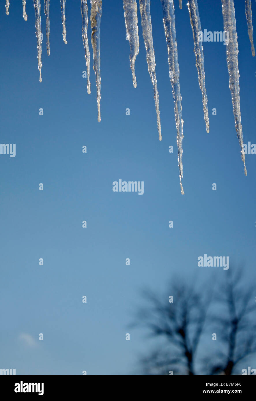 Hanging icicles on  the gutter on house blurred blurry blur background blue sky winter frozen landscape minimalism minimalist artistic minimal hi-res Stock Photo