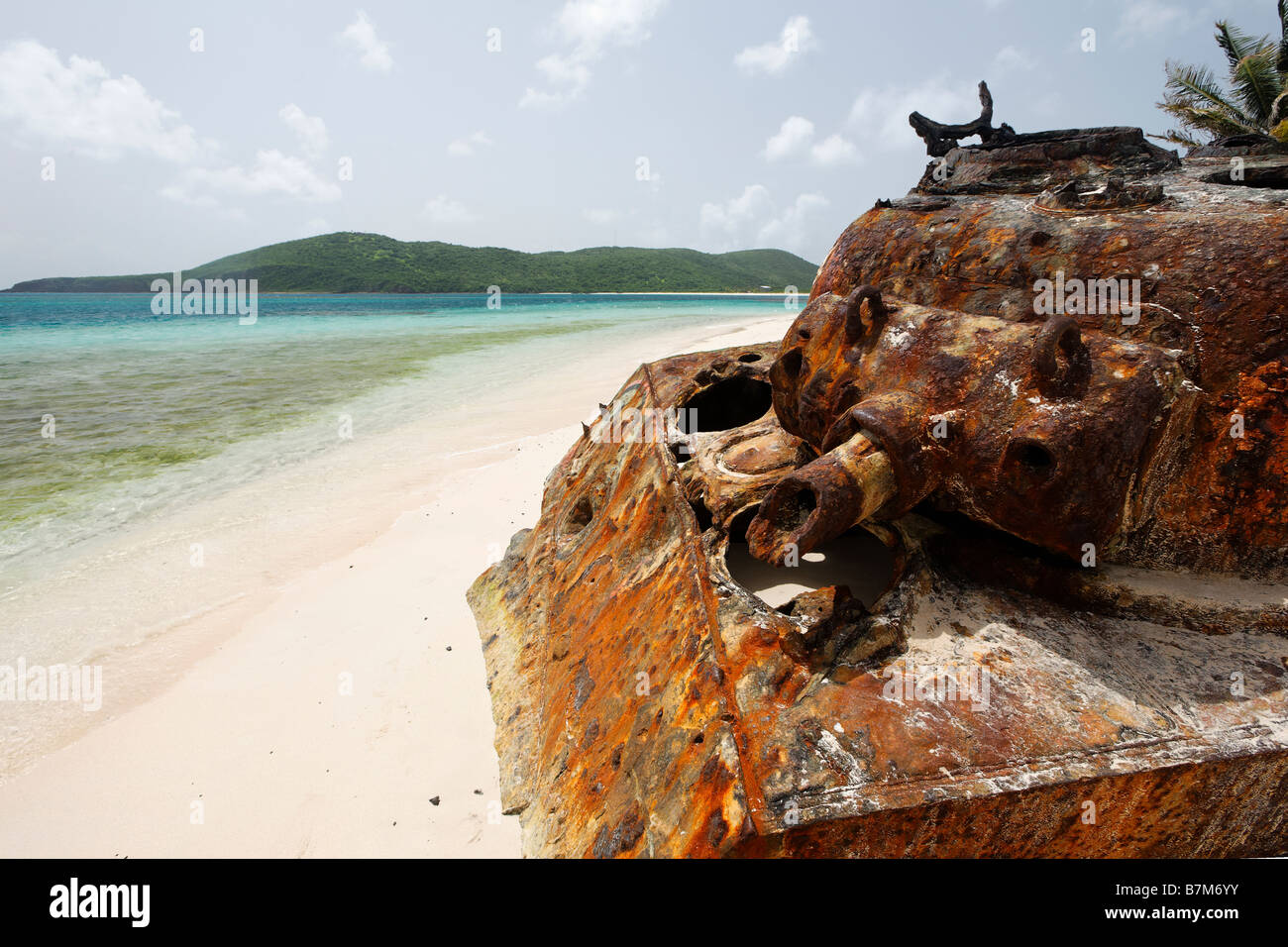 Close Up View of a Destroyed Sherman Tank on a Tropical Beach Flamenco Beach Culebra Puerto Rico Stock Photo