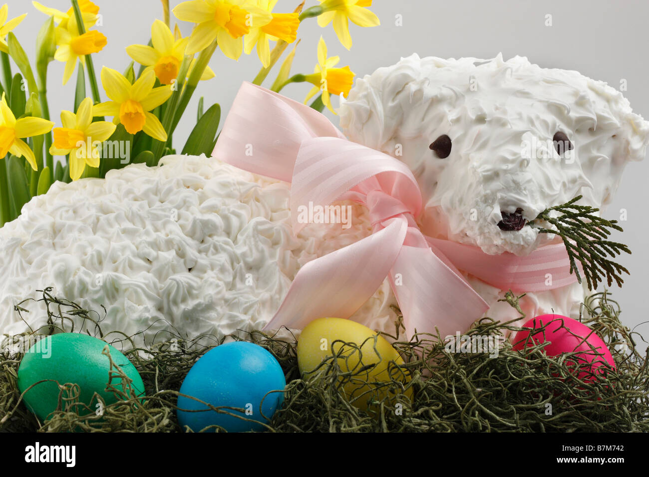 Spring Easter Czech traditional baked cake lamb decorated on the platter nobody from front