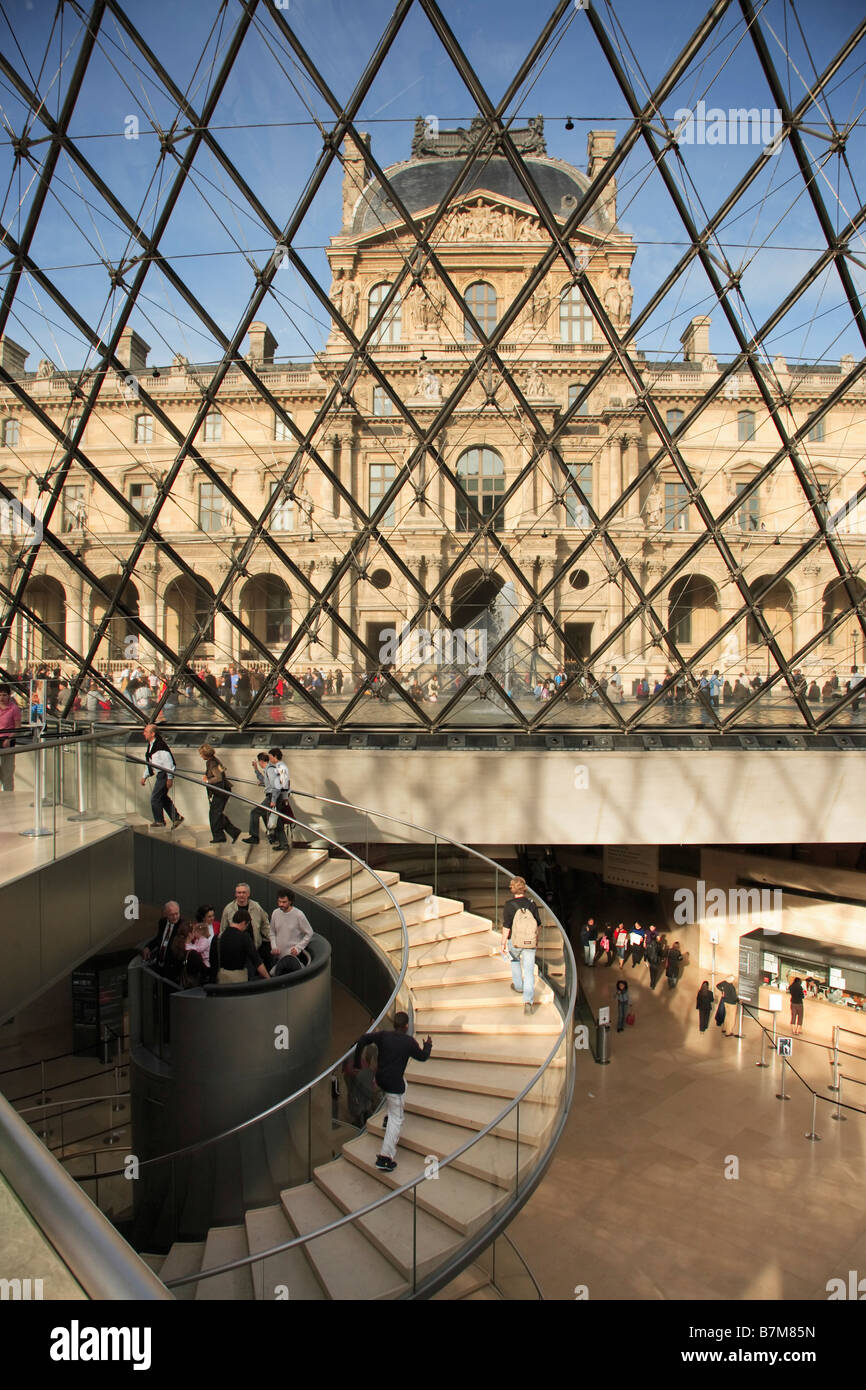 VIEW FROM INSIDE THE GLASS PYRAMID  AT THE MUSEE DU LOUVRE Stock Photo