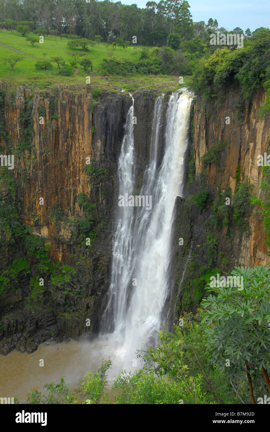 Vertical shot of Howick Falls in the Natal Midlands, South Africa. Not far away from Durban, a sub-tropical area. Stock Photo