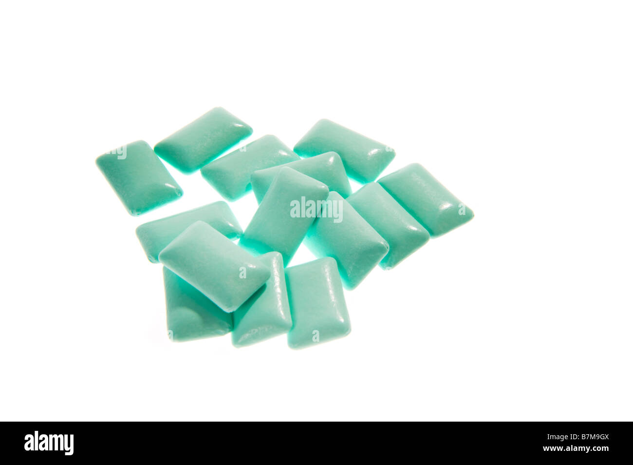 chewing gum bubble gum grenn blue cyan on white background pieces jelly baby candy jelly babies gum gummi fresh spearmint  studi Stock Photo