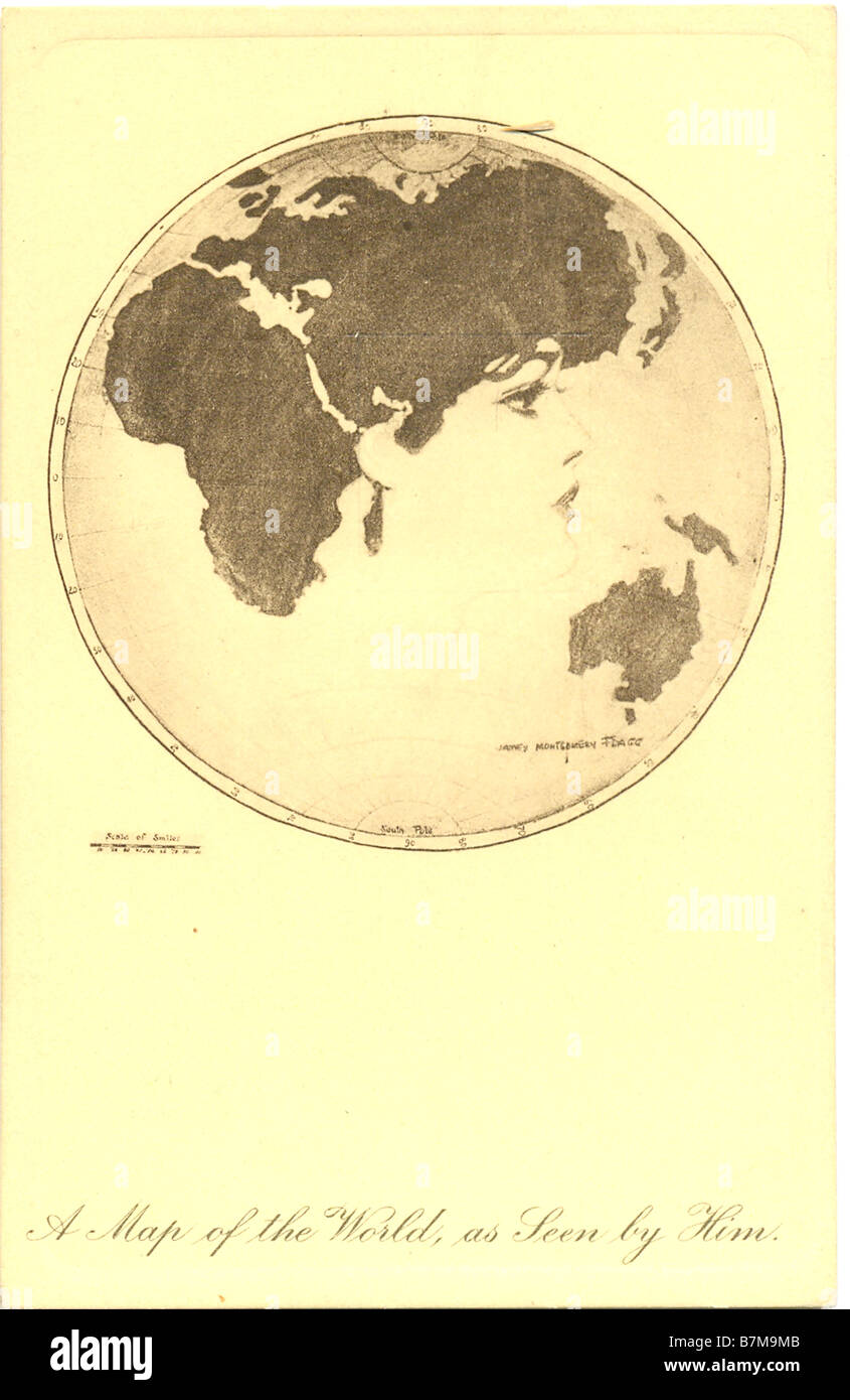 A valentine picture postcard of 'A map of the World as Seen by Him' circa 1908 Stock Photo