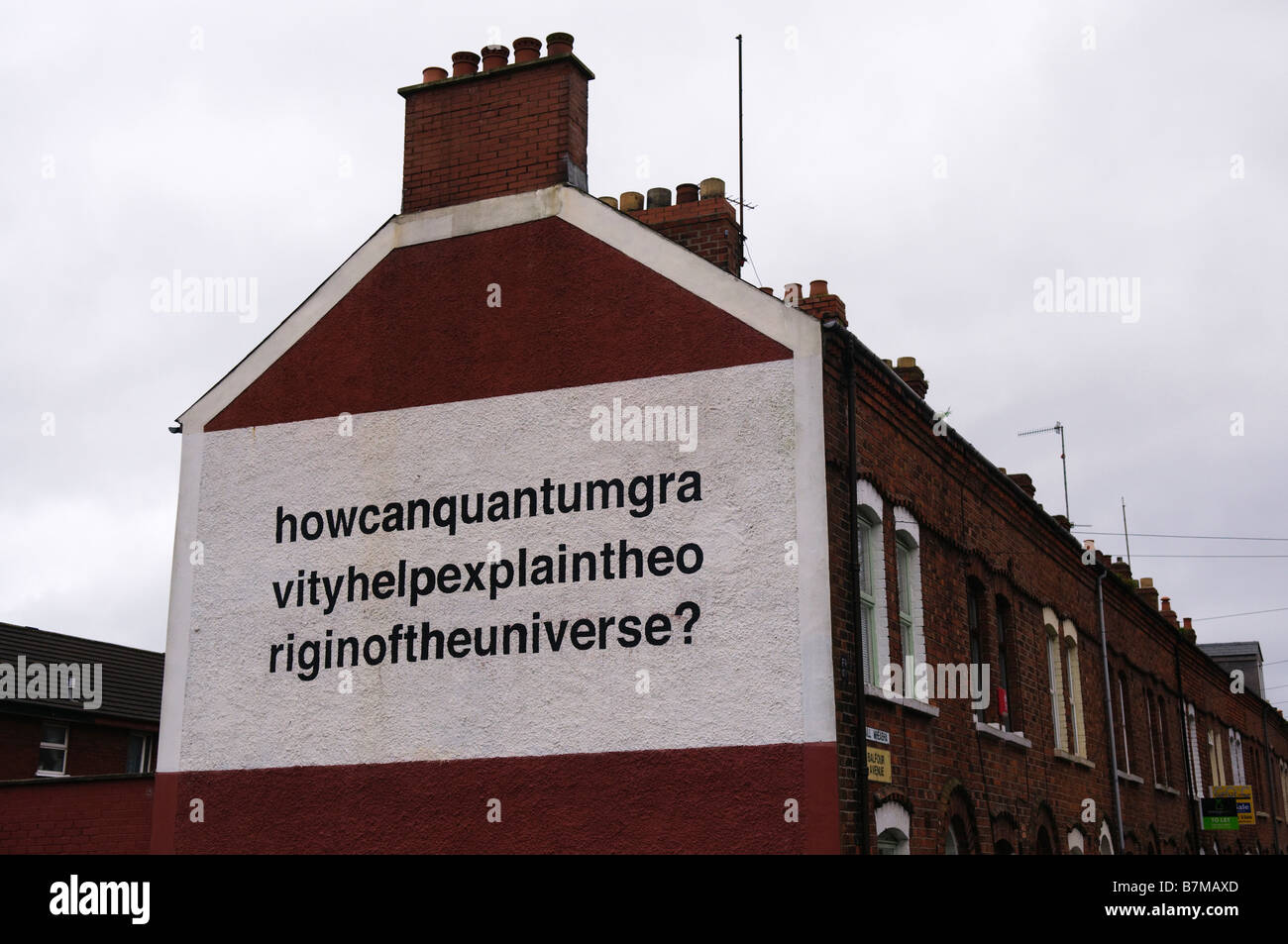 Mural in Belfast 'How can quantum gravity help explain the origin of the universe?' painted on side of terraced house Stock Photo
