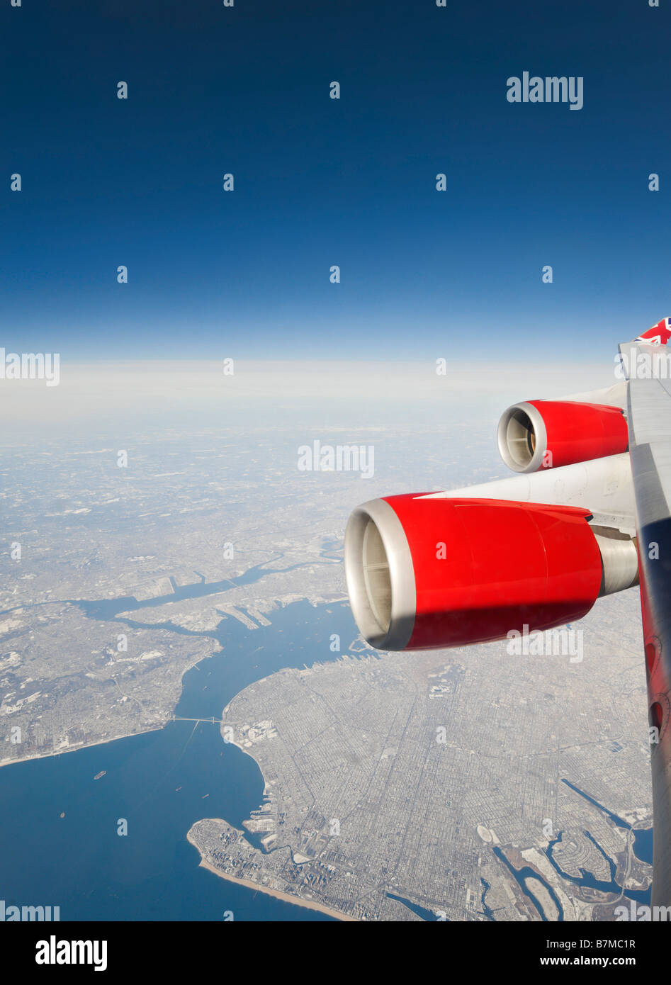 New York City viewed from a Virgin Atlantic Airways 747-400at 36000 ft, USA Stock Photo