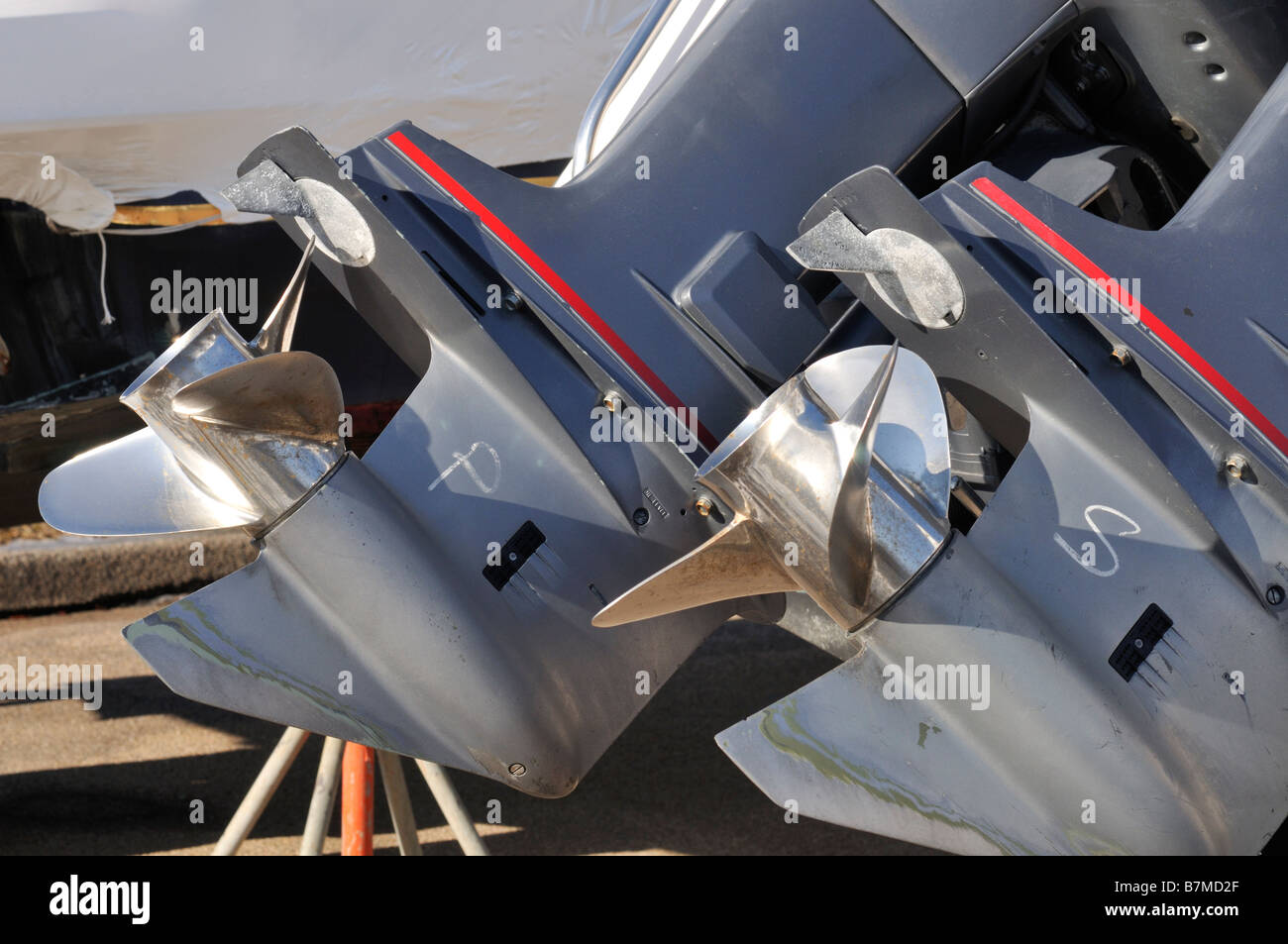 Twin outbords boat engines with stainless steel props and zincs Stock Photo