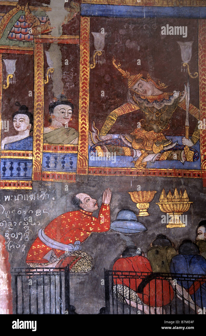 European Being Received by Thai Prince in Royal Palace, c19th Thai Mural or Wall Painting, Wat Phumin Temple, Nan, Thailand Stock Photo