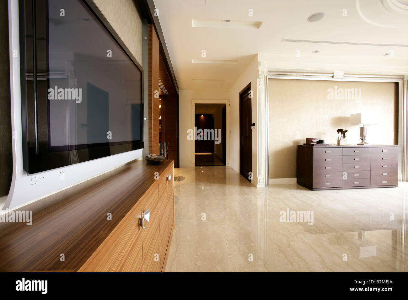 Flat screen television system with speakers Stock Photo Alamy