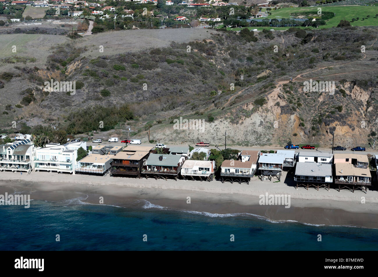 aerial view of malibu beach and waterfront homes and buildings los angeles LA california Stock Photo