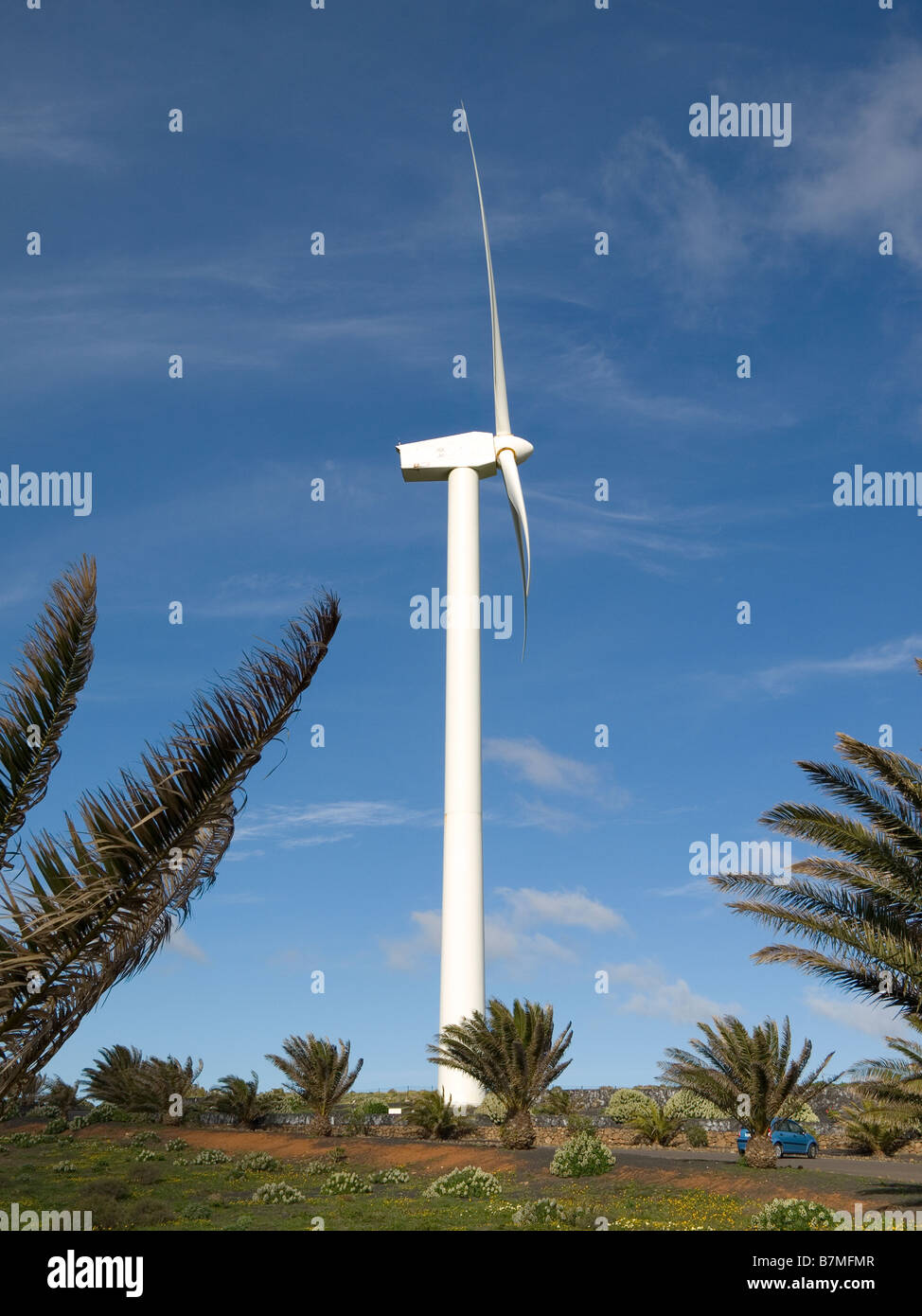 Modern wind turbine in the Parque Eolico de Los Valles Wind Farm Lanzarote Canary Islands Stock Photo