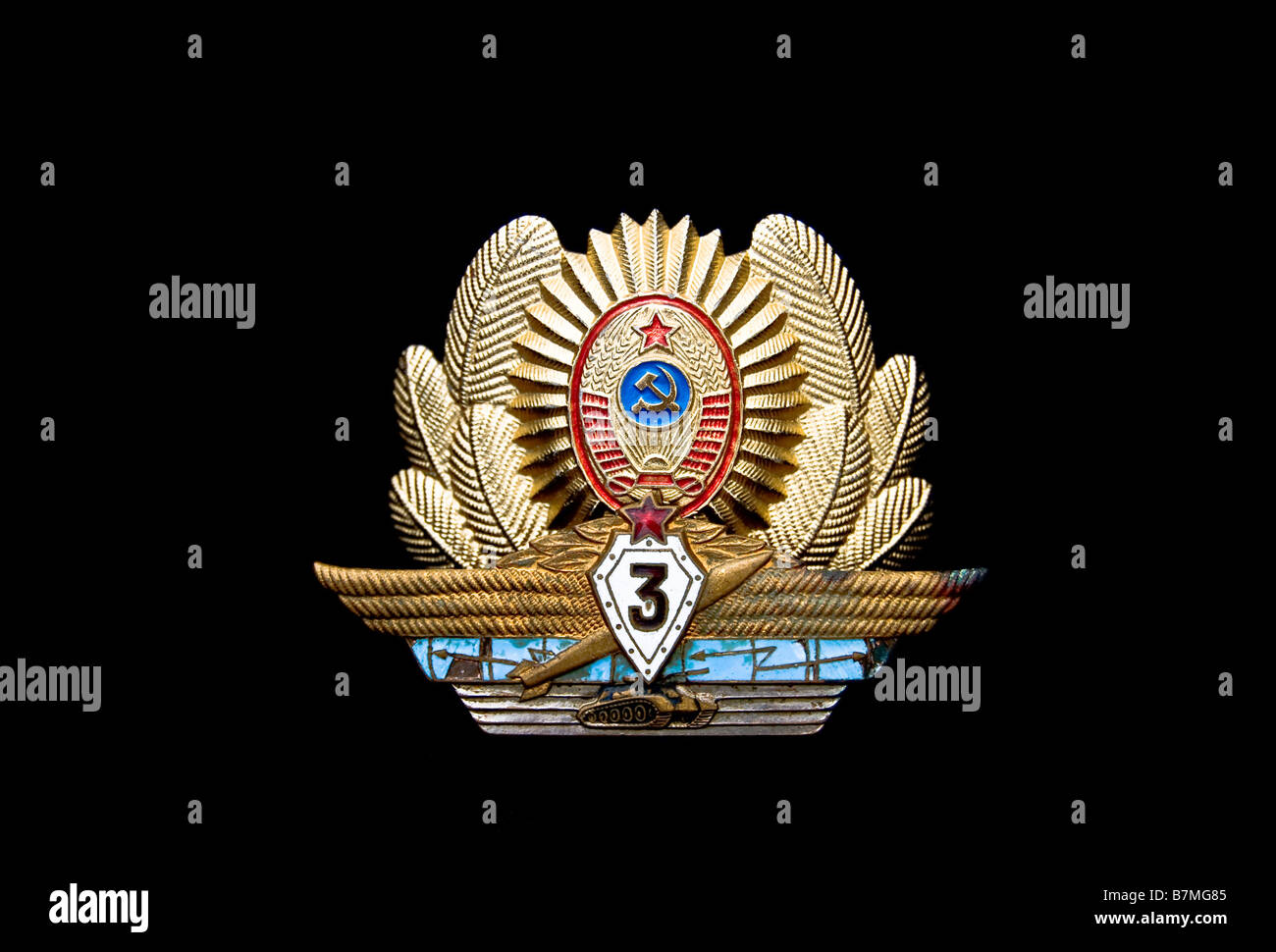 Soviet Army officer cap  badge and qualification badge isolated on black Stock Photo