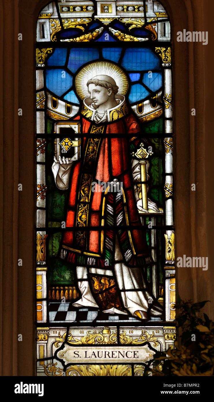 St Lawrence Church Morden Surrey England Stained Glass Window of St Laurence Stock Photo
