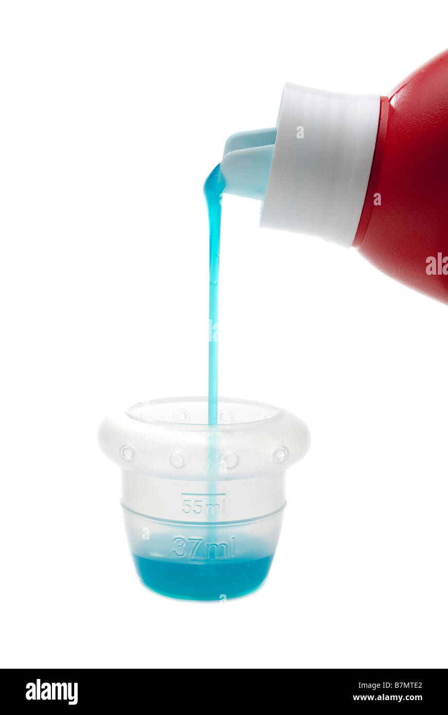 Automatic biological washing liquid container pouring liquid into plastic measuring cap Stock Photo
