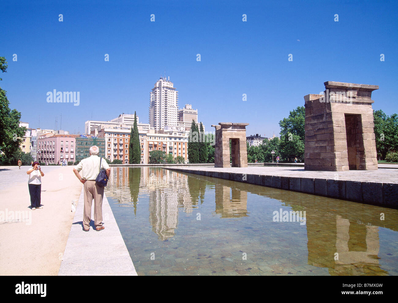 Mature couple taking photographs at Debod Temple. Madrid. Spain. Stock Photo