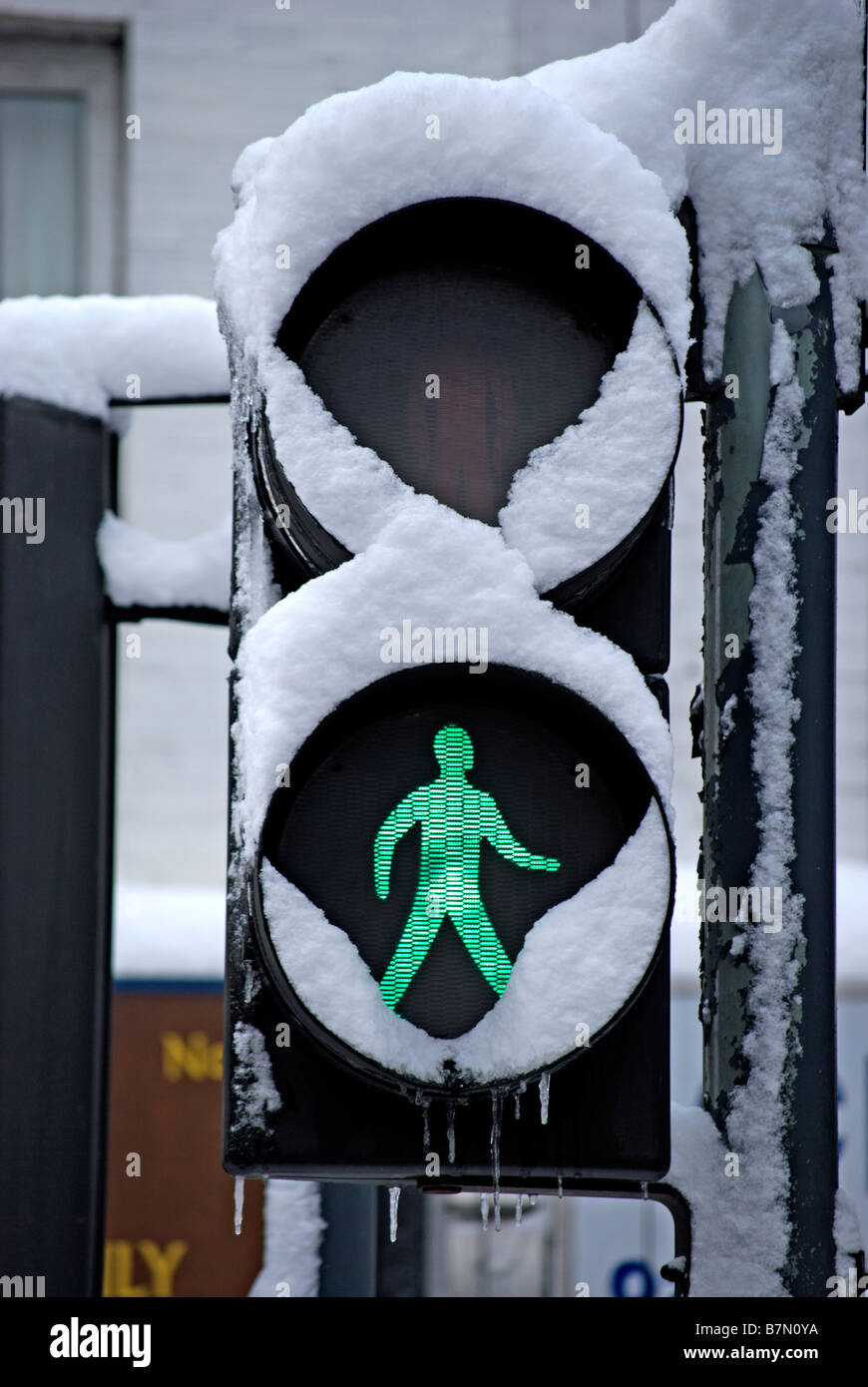 snow covered british traffic light showing green man, appearing to walk across snow, indicating pedestrians should cross Stock Photo