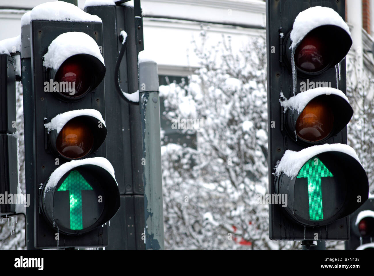 pair of snow covered british traffic lights both showing green arrrows fowlloing heavy snowfall on 2 february 2009 Stock Photo