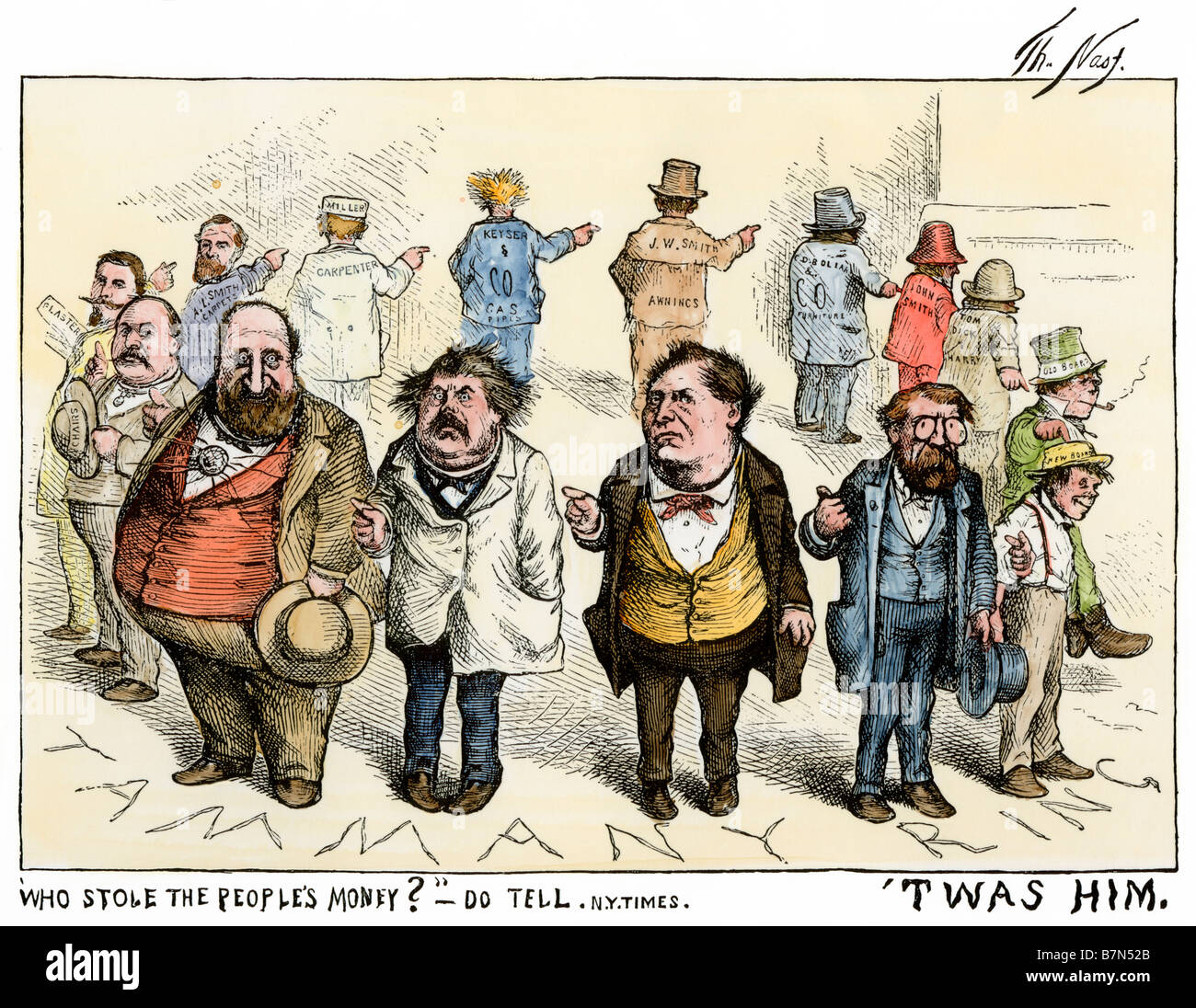 'Who stole the people's money?  'Twas him.' Thomas Nast cartoon about Tammany Hall corruption, 1871.  Hand-colored woodcut Stock Photo